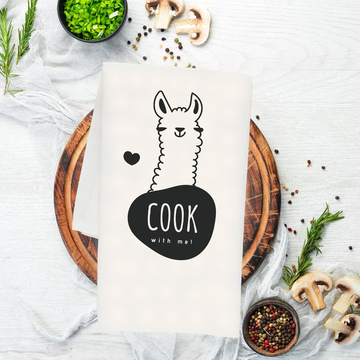 Cook with me! Llama cotton tea towel, 50 x 70 cm, organic cotton, eco