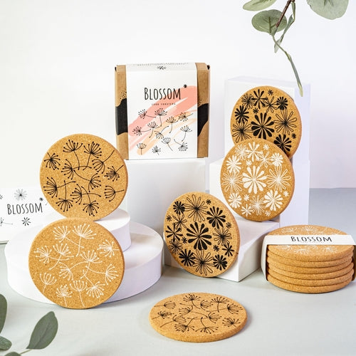 Blossom - Floral black and white cork coaster set