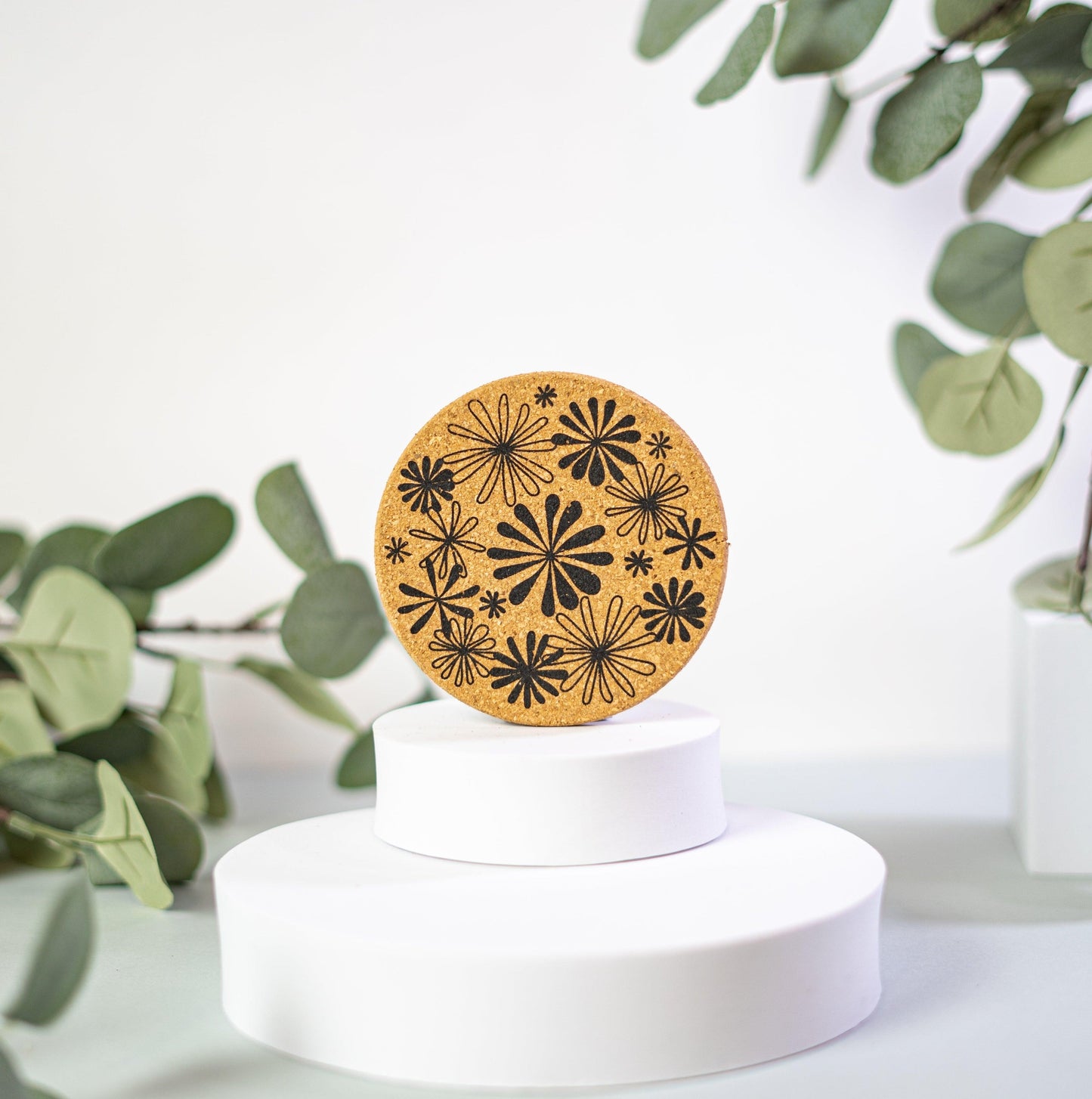 Blossom - Floral black and white cork coaster set