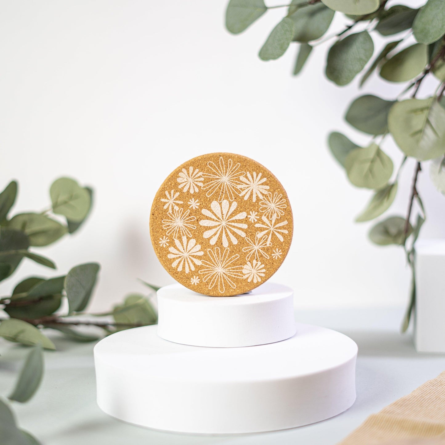 Blossom - Floral black and white cork coaster set