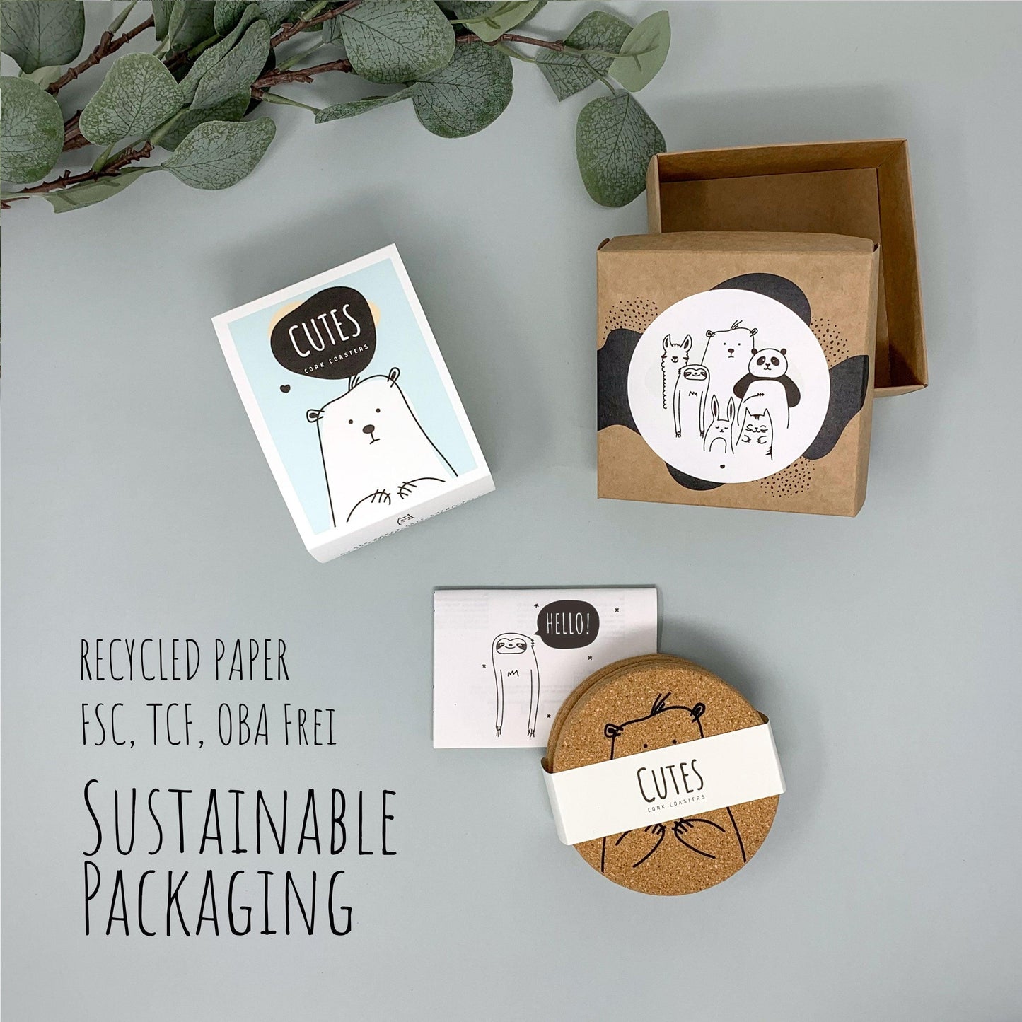 Cutes - Cork coasters, set of 6, cute animals