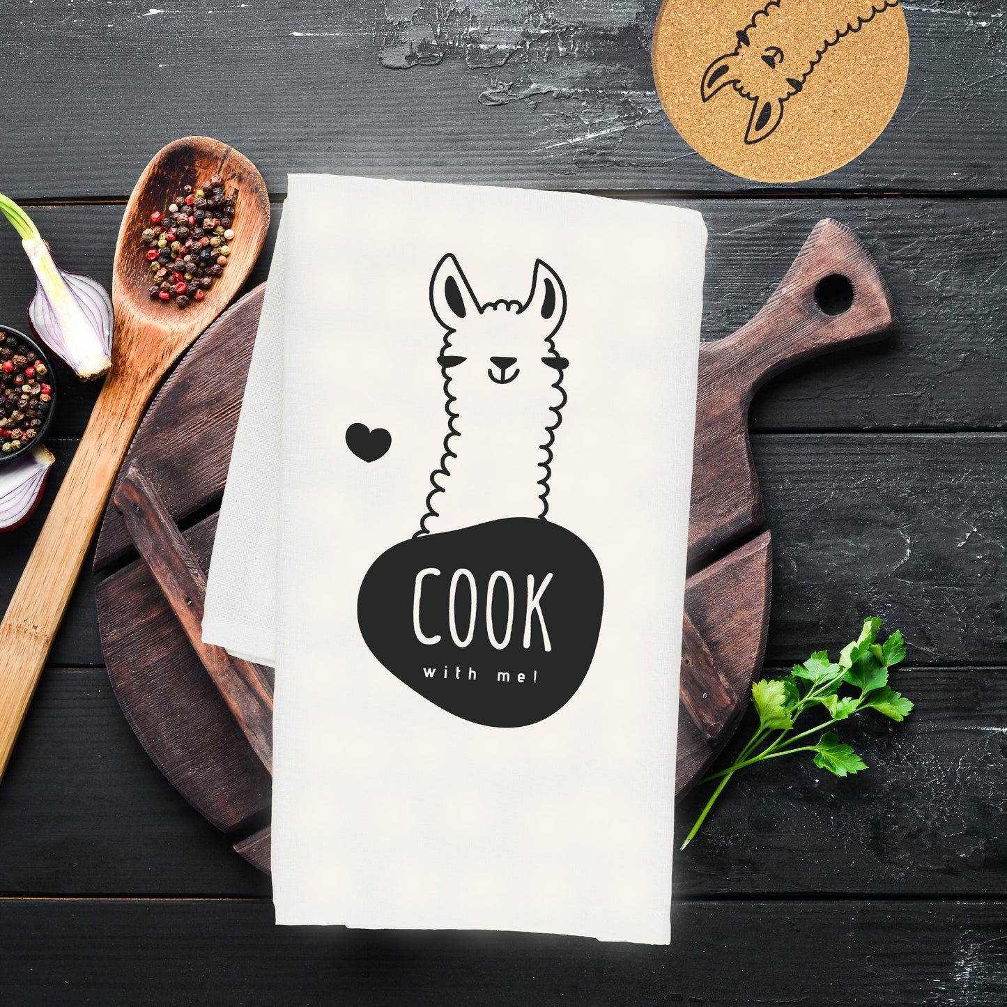 Cook with me! Llama cotton tea towel, 50 x 70 cm, organic cotton, eco