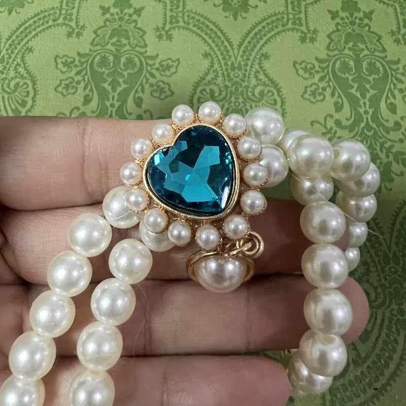 Double Row Pearl Necklace with Luxury Crystal Charms