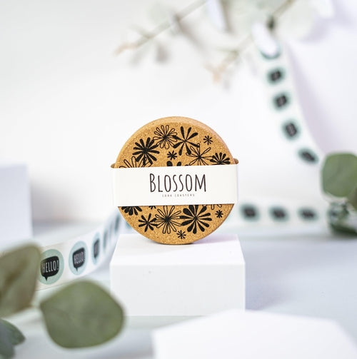 Blossom - Floral black and white cork coaster set