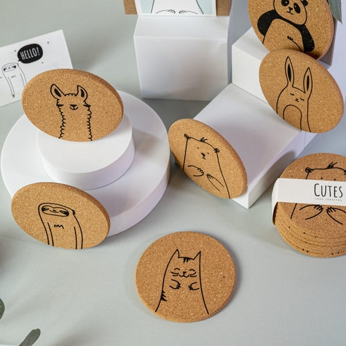 Cutes - Cork coasters, set of 6, cute animals