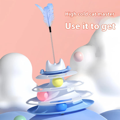 Interactive Cat Toy – 4-Layer Track Ball Tower with Feather Stick