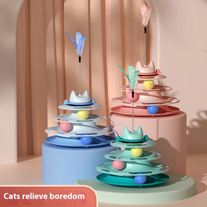 Interactive Cat Toy – 4-Layer Track Ball Tower with Feather Stick