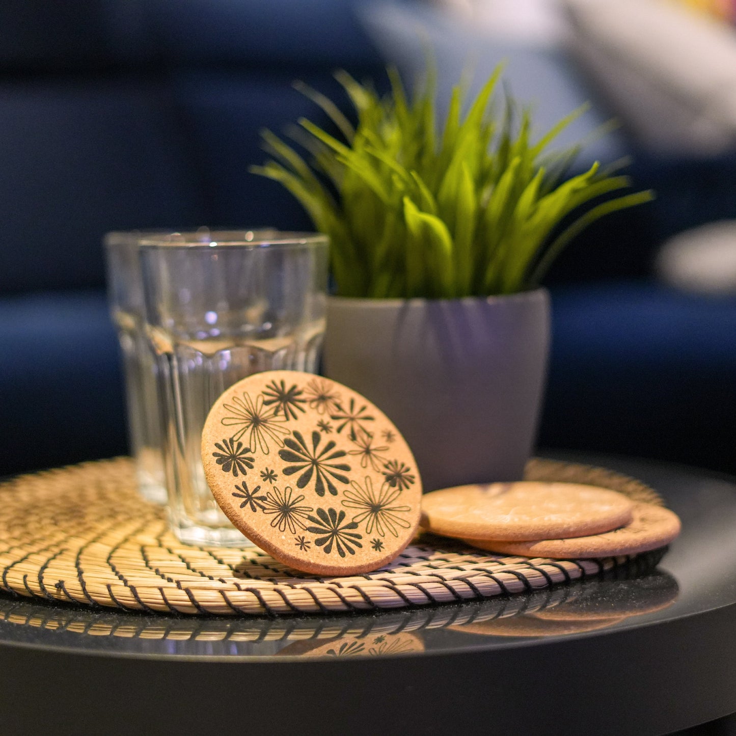 Blossom - Floral black and white cork coaster set