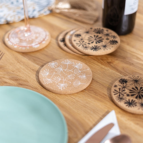 Blossom - Floral black and white cork coaster set